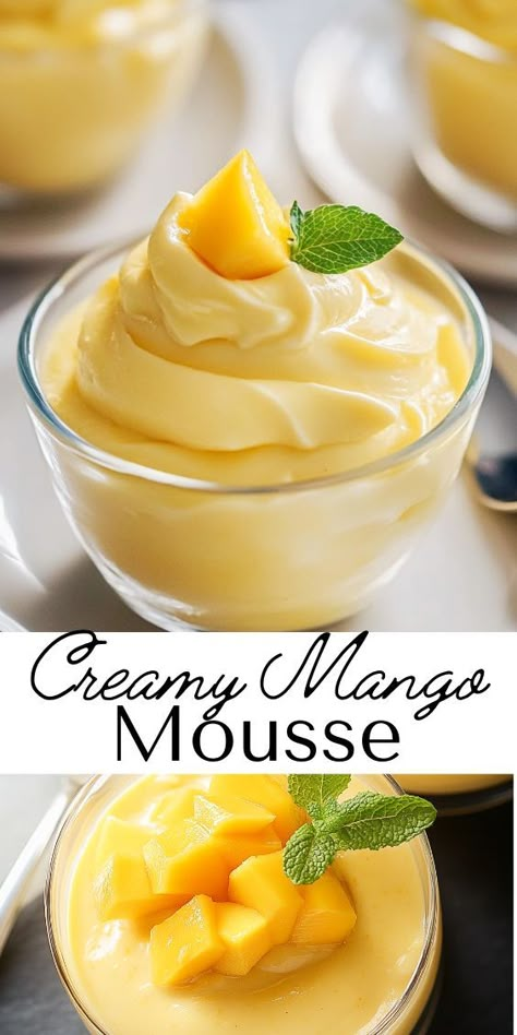 Desert In Glasses, Mango Mousse Cups, Fruit Mousse Recipes, Things To Make With Mango, Vegan Mango Recipes, Mango Deserts Easy, Desserts With Mango, Mango Dessert Recipes Easy, Mango Recipes Dessert