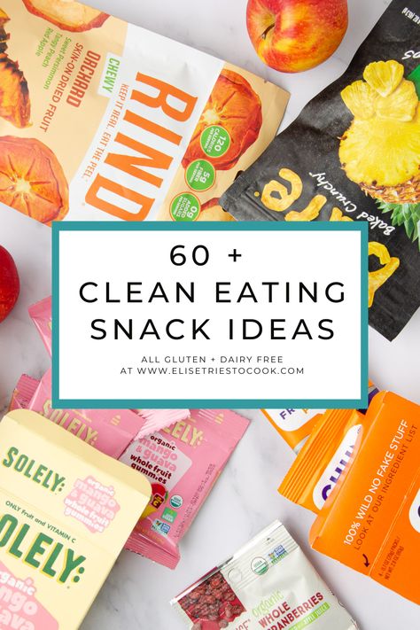 These snack ideas will keep you satisfied and feeling great! An extensive list (over 60 ideas!) of gluten free and dairy free snacks for clean eating to make sure that easy snacks are always at the ready. Featuring both store bought and homemade recipes. Clean Eating Store Bought Snacks, Dairy Free Snacks Store Bought, Seed Oil Free Snacks, Gluten Free Snacks Store Bought, Oil Free Snacks, Seed Oil Free, Gluten Free Dairy Free Snacks, Grain Free Snacks, Sugar Free Snacks