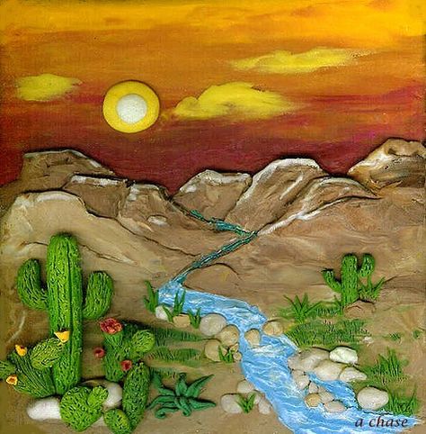 https://flic.kr/p/4Nvotd | Desert Dream | Miniature one-of-a-kind polymer clay sculpted landscape - 3 3/4" x 4 1/4" No paint is used! Clay Landscape, Clay Projects Kids, Polymer Clay Painting, Clay Moulding, Clay Wall Art, Beautiful Landscape Photography, Desert Painting, Sculpture Painting, Art N Craft