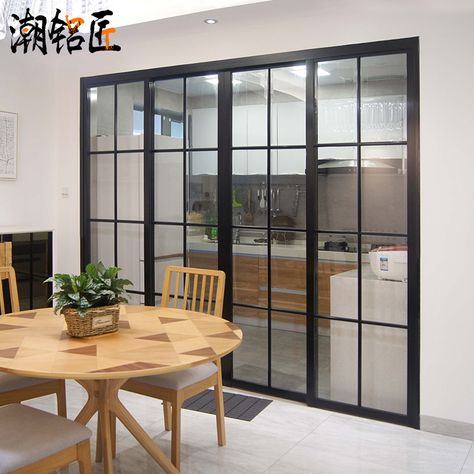 Black Fine border aluminum alloy balcony door bathroom door kitchen sliding door simple living room glass partition sliding door Sliding Doors Kitchen Living Room, Kitchen Sliding Door Ideas Modern, Partition Kitchen, Kitchen Glass Partition Design, Division Kitchen And Living Room, Sliding Door Kitchen Design, Kitchen Sliding Glass Door, Kitchen Glass Sliding Door, Sliding Door Between Kitchen And Living Room