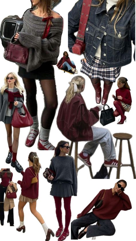 Burgundy, fall, winter, outfit ideas, grey , black , red , combination Dark Red And Brown Outfit, Wine Color Outfits For Women, Purple And Burgundy Outfit, Dark Red Winter Outfit, Dark Academia Burgundy, Burgundy Fall Aesthetic, Outfits With Burgundy Shoes, Maroon Winter Outfits, Burgundy Color Combinations Outfits