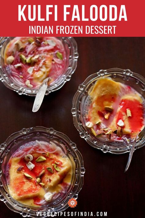 Kulfi falooda is a perfect summer treat or dessert! This recipe is actually a combination of 2 desserts; kulfi and falooda. Falooda is a dessert drink that can be made with or without ice cream whereas kulfi falooda is a frozen dessert topped with falooda sev, rose syrup and dried fruits. This delicious North Indian dessert is great any time of the year, so check out how to make it today! #NorthIndianfood #vegetarian #desserts #glutenfree #kulfifalooda Kulfi Falooda, Sabja Seeds, Rich Summer, Falooda Recipe, Rose Syrup, Kulfi Recipe, Vegetarian Desserts, Vegetarian Indian, Indian Dessert