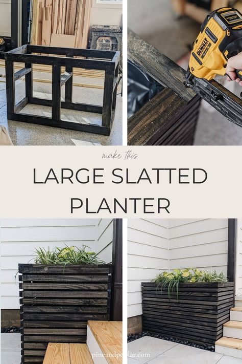 DIY Large Slatted Planter Plans - Pine and Poplar Large Planter Ideas, Large Diy Planters, Slatted Planter, Tree Stump Garden, Diy Planter Boxes, Stump Garden, Tall Planter Boxes, Diy Wood Planter Box, Large Planter Boxes