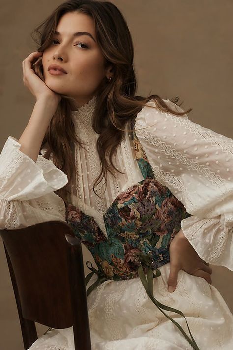 By Anthropologie Tapestry Corset Mrs Dior, Erin Aesthetic, Natural Style Personality, Tapestry Corset, Dark Academia Goth, Fashion Week 2024, Fall Outfits, Anthropologie, Art Gallery