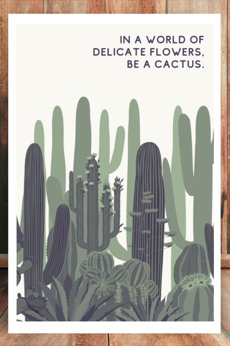 "In A World Of Delicate Flowers, Be A Cactus" - funny cactus quote wall art - a great print for the plant lover, succulent lover, plant mama, or anyone who loves a little sarcasm with their botanical art!  Perfect as office decor or as a gift!  
Available in my shop today for instant download! Cactus Jokes, Cactus Quotes, Office Revamp, Cactus Funny, Sticker Collage, Funny Cactus, Plant Mama, Plants Quotes, Wall Art Funny