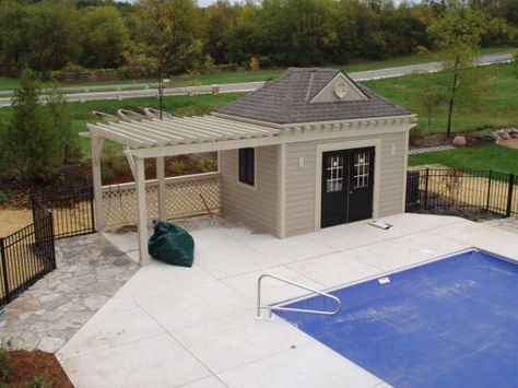 Pool house Storage Shed Pool House, Pool Pergolas, Backyard Oasis Pool, Pool Shed Ideas, Pool Sheds, Shed Pool House, Pool House Shed, Pool Gazebo, Veranda Design