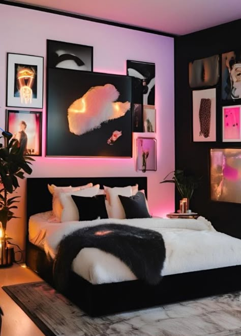 Bedroom Decor Inspiration Modern, Woman's Bedroom Decorating Ideas, My Own Room Aesthetic, Luxury Looking Bedroom, Room Decor Ideas Bedroom Diy, Furniture Decoration Ideas, Black White Aesthetic Bedroom, Room Aesthetics Ideas, Black Room Ideas For Girls Bedrooms