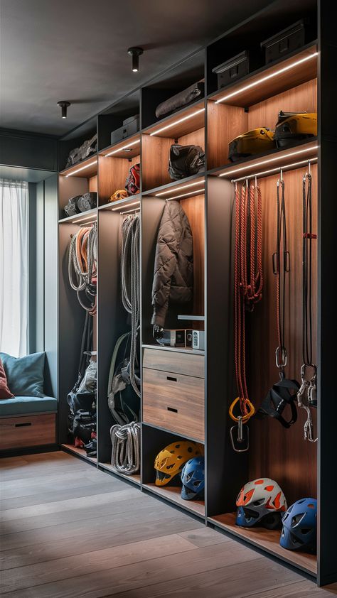 🏔️ Upgrade your rock climbing gear closet with a sleek, modern design that’s perfect for mountain climbing gear. Use contemporary climbing gear storage solutions to create a space that’s stylish, organized, and ready for adventure. #RockClimbingGearCloset #MountainClimbingGear #ClimbingGearStorage Sports Closet Organization, Rock Climbing Gear Storage, Closet Organization Ideas Men, Sport Equipment Storage Ideas, Outdoor Gear Room, Climbing Gear Storage, Gear Room Organization, Gear Room Ideas, Outdoor Closet