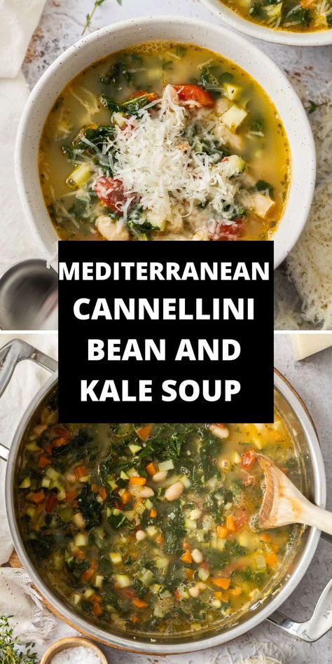 My Cannellini Bean and Kale Soup is as nourishing as it is comforting and satisfying. It is an Italian-inspired one pot dish, one that is worthy of a regular place in your meal plans. Packed with vegetables and beans cooked in a full of flavour broth, it is a complete meal that requires no more than some crusty bread to accompany it. Navy Bean And Kale Soup, Kale Recipes Instant Pot, Spicy Kale Soup, Kale And Spinach Soup, Kale And Cannellini Beans, Winter Mediterranean Recipes, Kale Soup Recipes Healthy, Cannellini Soup, Tuscan Kale Soup