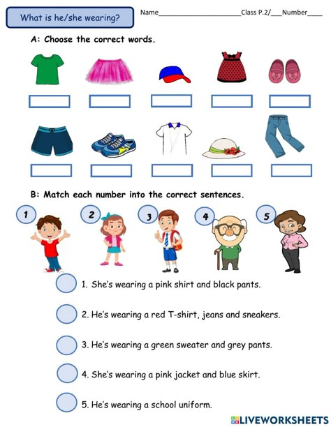 Clothes Worksheet, Clothes Practice, English Primary School, Phonics Reading Passages, English Grammar For Kids, English Worksheets For Kindergarten, School Preparation, Grammar For Kids, English Worksheet