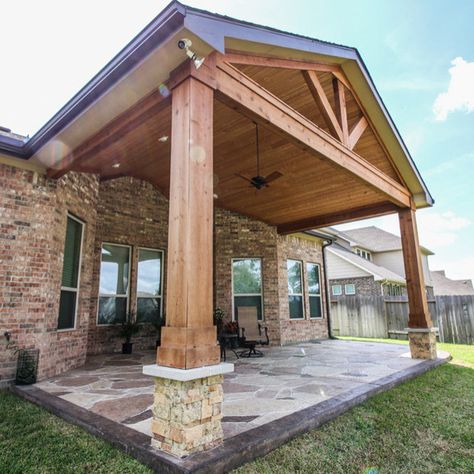 Patio Cover: Katy, TX - Traditional - Patio - Houston - by Tradition Outdoor Living | Houzz Gable Patio, Traditional Patio, Tongue And Groove Ceiling, Patio Cover, Texas Style, Katy Tx, Tongue And Groove, Covered Patio, Backyard Ideas