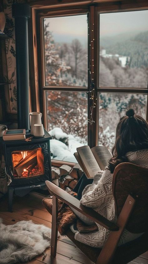 Tranquil cabin winter reading nook with cozy blanket, fireplace, and snowy tree view. Maximalist Interior Design, Winter Reading, Cabin Aesthetic, Outside The Window, Hygge Life, Maximalist Design, Winter Cabin, Getaway Cabins, Scenic View