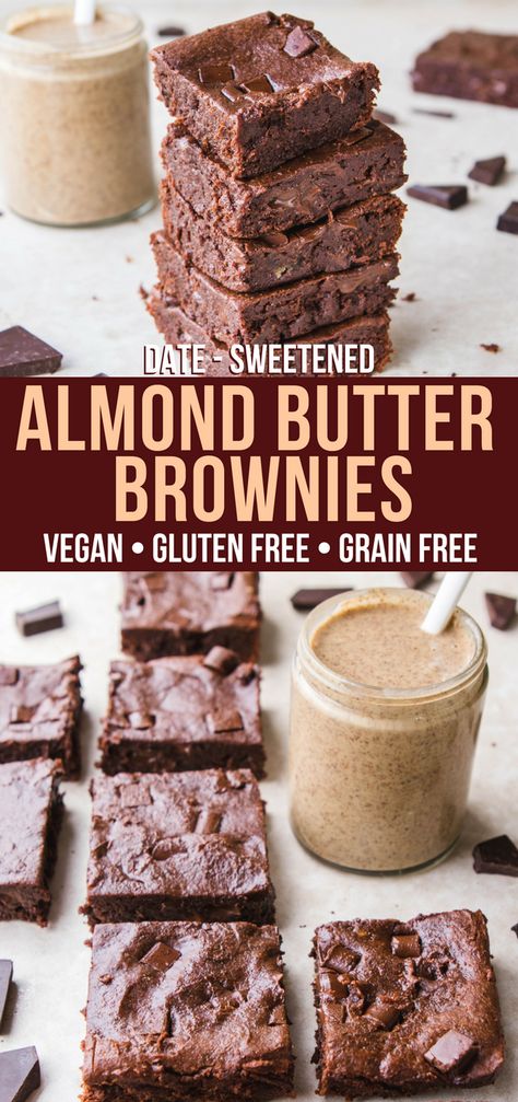 Vegan Almond Butter Brownies that are also Gluten and Grain Free! They\'re fudgy and decadent, but also a healthy dessert. #vegan #plantbased #brownies #paleo #grainfree #healthydessert #chocolate #vegandessert #almondbutter #almondbutterbrownies #fudgybrownies #easyveganbrownies #healthybrownies via frommybowl.com Vegan Brownies Easy, Almond Butter Brownies, Cookie Dough Cake, Butter Brownies, Blueberry Coffee Cake, Chocolate Chip Cookie Dough, Paleo Dessert, Vegan Sweets, Chocolate Brownies