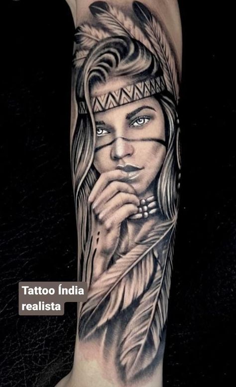 Native American Female Warrior Tattoo, Indian Tribe Tattoo, Indian Headdress Tattoo, Indian Women Tattoo, Native Indian Tattoos, Arm Tattos, Sugar Skull Art Drawing, Indian Girl Tattoos, Native American Tattoo Designs