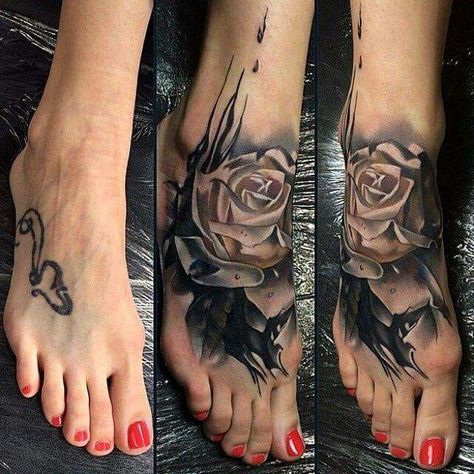 Spontaneous Tattoo, Star Foot Tattoos, Flower Cover Up Tattoos, Tato 3d, White Rose Tattoos, Black Rose Tattoos, Foot Tattoos For Women, Tattoos For Women Flowers, Tattoo Cover Up