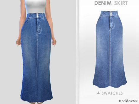 Denim Skirt for Sims 4 at ModsHost! Long denim skirt in 4 swatches. Type: Bottoms Recoloring not allowed #everyday #gaming #sims #elder #mods #clothing #female Sims 4 Denim Skirt, Skirt Sims 4, Mod For Sims 4, Long Jeans Skirt, Maxi Jean Skirt, Long Skirt Jeans, Jeans Long Skirt, The Sims 4 Female Clothing, The Sims 4 Skin