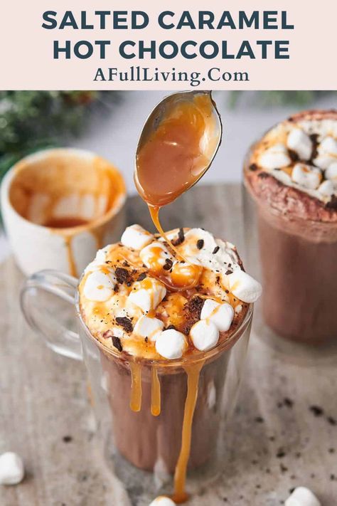 This Salted Caramel Hot Chocolate is rich and decadent, made with simple ingredients in under 10 minutes on the stovetop! Caramel Hot Chocolate Recipe, Caramel Hot Chocolate, Caramel Drinks, Hot Chocolate Toppings, Butter Poached Lobster, Gourmet Hot Chocolate, Salted Caramel Hot Chocolate, Hot Cocoa Recipe, Vanilla Sauce