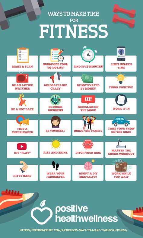 25 Ways To Make Time For Fitness – Positive Health Wellness Infographic Wellness Infographic, Healthy Website, Fitness Infographic, Professional Infographic, Ambassador Program, Activewear Trends, Fitness Facts, Stylish Activewear, Workout Posters