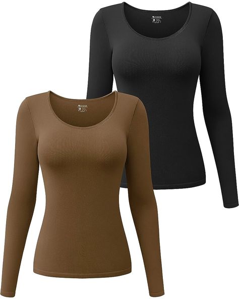 OQQ Women's 2 Piece Long Sleeve Shirt Round Neck Stretch Fitted Underscrubs Layer, Black,pumice Grey, Small at Amazon Women’s Clothing store Long Sleeve Compression Shirt, Brown Shirt, Neck Stretches, Compression Shirt, Dr Closet, Black Coffee, Amazon Women, Long Sleeve Crop Top, Long Sleeve Shirt