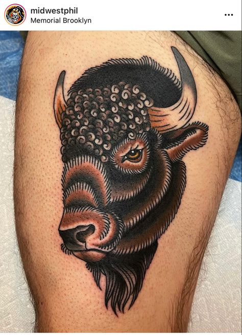 Bison Tattoo Traditional, American Traditional Bison Tattoo, American Traditional Buffalo, Traditional Buffalo Tattoo, Large Traditional Tattoo, Buffalo Tattoo Ideas, Traditional Western Tattoo, Turkey Tattoos, Traditional Back Tattoo