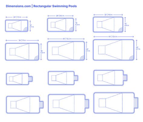 Pool Sizes Inground, Classic Pool Design, Swimming Pool Dimensions, Pool Dimensions, Swimming Exercises, Oval Swimming Pool, Inground Pool Cost, Pool Design Plans, Rectangle Swimming Pools