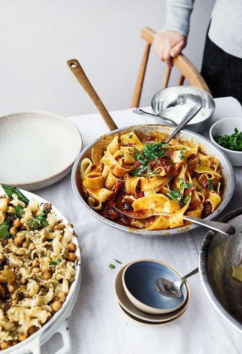 Yotam Ottolenghi's Rose Harissa Pappardelle | SIMPLE Pasta Recipe Yotam Ottolenghi Recipes, Rose Harissa, Capers Recipe, Harissa Recipes, Ottolenghi Recipes, Pappardelle Pasta, Yotam Ottolenghi, Black Olives, Easy Weeknight Meals