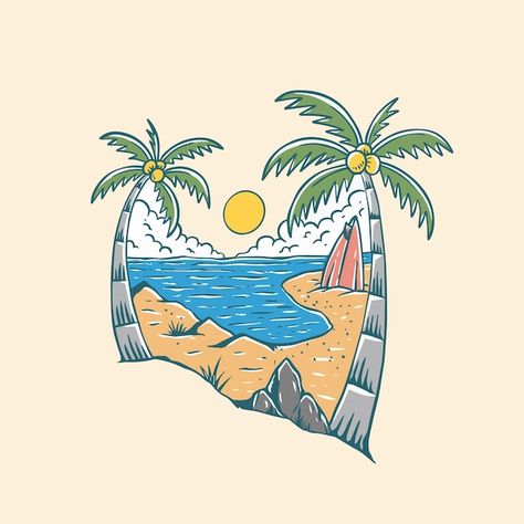 Beach Illustration Design, Summer Vibes Illustration, Paradise Illustration, Vibes Illustration, Background Tree, Summer Vector, Yearbook Ideas, Tropical Landscape, Beach Illustration