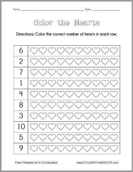 Color the Hearts Worksheet - Free to print (PDF file) for kindergarten kids on Valentine's Day. Valentines Worksheets Kindergarten, Heart Worksheet, Valentine Worksheets, Kindergarten February, 8 Martie, Valentines Patterns, Preschool Math, Teaching Kindergarten, St Valentin