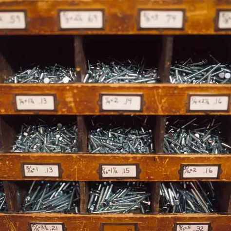 Hardware Store Aesthetic, Hardware Storage, Workshop Organization, Image Bank, Hardware Shop, Nails And Screws, Shop Storage, Garage Workshop, Garage Organization