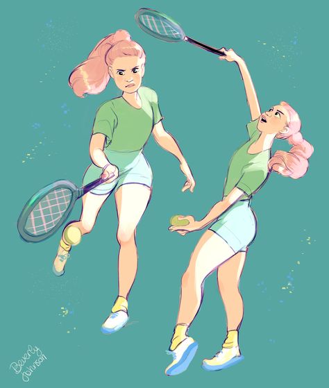 Character Design / February - April 2016 on Behance Tennis Poses Drawing, Tennis Drawing Reference, Tennis Poses Reference, Tennis Pose, Squad Aesthetic, Tennis Drawing, Cute Tennis Outfit, Bev Johnson, Poses Art