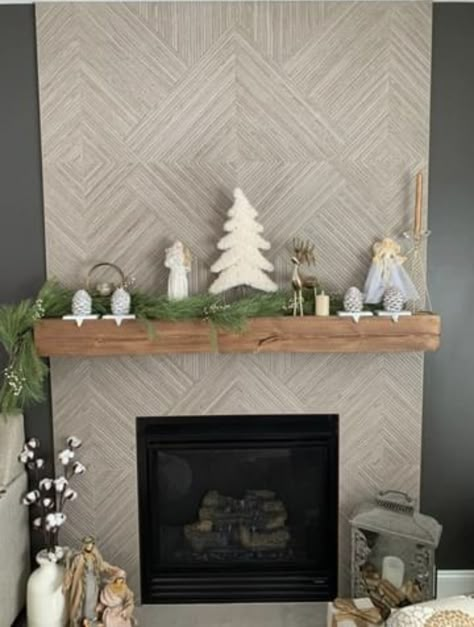 Tiled Fireplace With Tv, Corner Fireplace Tile, Pattern Tile Fireplace, Fireplace Remodel Tile, Tile Fireplace With Wood Mantle, Herringbone Fireplace Surround, Tile Fireplace Makeover, Modern Fireplace Mantel, Tiled Fireplace Wall