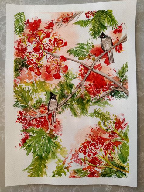 Watercolor painting of the gulmohar tree with bulbul birds from south india, Bangalore. Gulmohar Flowers Painting, Gulmohar Painting, Gulmohar Tree, Anna Bucciarelli, Contemporary Botanical Art, Flower Composition, Lotus Painting, Botanical Drawing, Canvas Art Decor