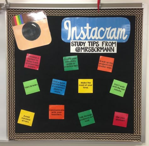 Clever idea for a study tips board!  Good for any month, but especially midterms or finals! Study Tips Bulletin Board, Study Skills Bulletin Board, School Counseling Bulletin Boards, Counseling Bulletin Boards, Middle School Bulletin Boards, Teacher Items, Technology Theme, Bulletin Board Ideas, Middle School Classroom