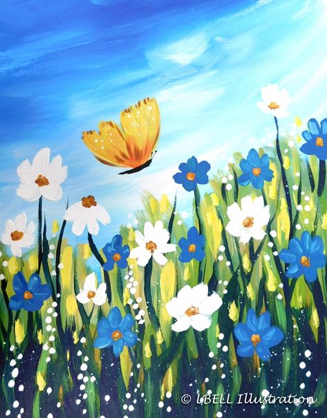 Easy Spring Acrylic Paintings, Spring Time Paintings, Spring Art Painting Ideas, Cute Spring Paintings, Easy Spring Painting Ideas, Spring Flower Painting Easy, Wild Flower Painting Acrylic Simple, Easy Spring Paintings For Beginners, Spring Paint Night Ideas