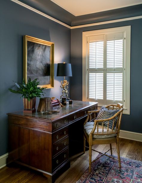 Office painted with Benjamin Moore’s Philipsburg Blue, a dusky soothing blue tone Manly Office, Gentleman's Study, Gentlemans Study, Blue Home Offices, Timeless Paint Colors, Upcycling Furniture, Study Decor, Mens Office, Office Nook