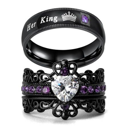 Black and purple crown Matching Rings Female ring,black plated heart 7*7mm aaa cz mainstone women wedding ring sets,stamp:10kt. Male Ring black plated titanium men's wedding band thickness,2.5mm,stamp:titanium. Ring Packaging: jewelry bag. Measure your finger size before purchase, for band and ring sets can not be resized. Gift for wedding and gift for love. Size: women's size #6 & men's size #13.  Age Group: adult. Black And Purple Crown, Black Wedding Ring Sets, Womens Wedding Ring, Womens Wedding Ring Sets, Mens Black Ring, Rings Heart, His And Hers Rings, Skull Wedding Ring, Women Wedding Ring