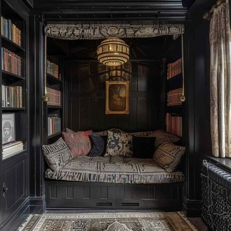 31 Reading Nooks Cloaked in Gothic Grandeur (Concept Interiors) Gothic Reading Corner, Book Nook Dark Academia, Goth Reading Nook, Dark Gothic Library, Modern Gothic House Interior, Townhouse Library, Built In Bookshelves Gothic, Guest Room Office Ideas, Closet Nook