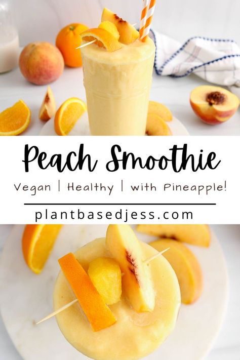 View on a tall glass of peach pineapple smoothie topped with fruits. Peach Smoothie Recipes Healthy, Plant Based Smoothies, Orange Smoothie Recipes, Peach Smoothie Recipes, Pineapple Smoothie Recipes, Vegan Peach, Peach Smoothie, Orange Smoothie, Smoothie Drink Recipes