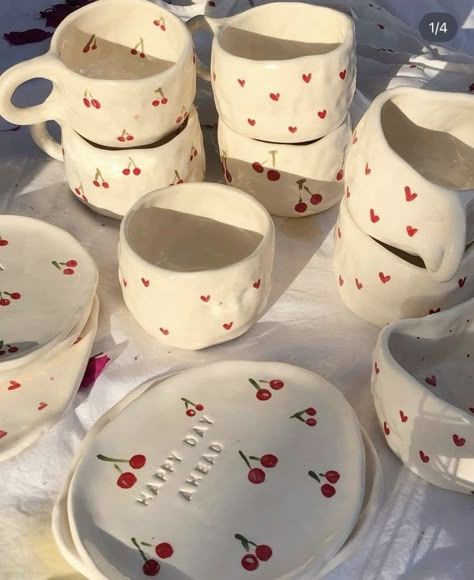 painting ideas | art | crafts | cherry | fun activities | date ideas   credits: @wayfrin Clay Cafe, Mug Painting, Diy Pottery Painting, Pottery Painting Ideas, Tanah Liat, Pretty Mugs, Keramik Design, Clay Diy Projects, Cerámica Ideas