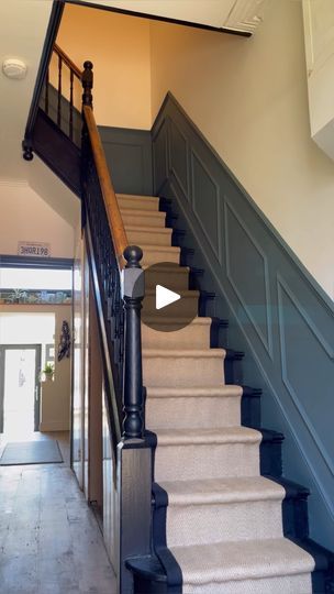 93K views · 91 reactions | How to make an impact with paint 🖌  "We’re so happy with the final result and massive thanks to @makeitrustoleum for being so generous and accommodating with the TIME this project has taken, it’s not easy decorating an old house. I’m so impressed with @makeitrustoleum paint, it’s beautiful to paint with and the coverage is amazing! 6 months into having black stairs - very hard-wearing, no touch-ups so far!"  🎨 Walls painted in Chalk White  🎨 Panelling painted in Deep Sea  🎨 Bannister painted in Natural Charcoal   🎥 @its_a_fixer_upper | Rust-Oleum UK Bannister Ideas Painted, Black Bannister, Decorating An Old House, Black Stairs, Make An Impact, Rust Oleum, Painted Paneling, Chalk White, White Paneling