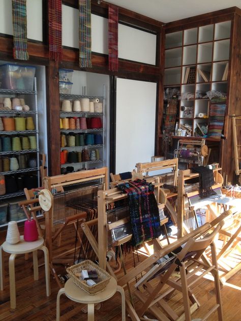 Home Weaving Room, Yarn Display, Knitting Room, Design Studio Workspace, Indigo Dyeing, Saori Weaving, Rigid Heddle Weaving, Dream Craft Room, Dream Studio