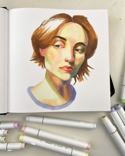 Alcohol markers portrait! I love gouache, but other mediums, too. Alcohol markers are such a great medium for blending colors. #alcoholmarkersportrait Drawings Inspo, Blending Colors, Paintings Abstract, Watercolor Paintings Abstract, Alcohol Markers, Copic Markers, Drawing Artwork, Colour List, Learn To Draw