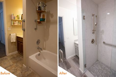 Converting an alcove tub to a walk-in tiled shower - before and after Convert Tub To Shower, Corner Shower Stalls, Shower Stall Kits, Shower Pan Installation, Alcove Tub, Tub To Shower Remodel, Tub To Shower Conversion, Shower Conversion, Tub Enclosures