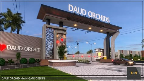 Layout Entrance Arch Design, Resort Gate Design Entrance, Colony Gate Design, Entrance Gates Design Architecture Front Entry, Gated Community Entrance, Boundary Wall Design Ideas, Boundary Wall Ideas, Compound Gate Design, Town Entrance