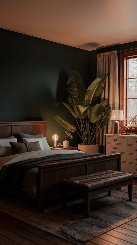 40+ Enchanting Dark Green Bedroom Ideas for a Luxurious Retreat Bedroom Decor Comfy, Bedroom Interior Dark Theme, Tan Bedding With Green Accents, Green Room Black Furniture, Dark Green Furniture Bedroom, Modern Dark Green Bedroom, Dark Small Room Ideas, Moody Bedroom Green Walls, Dark Toned Bedroom