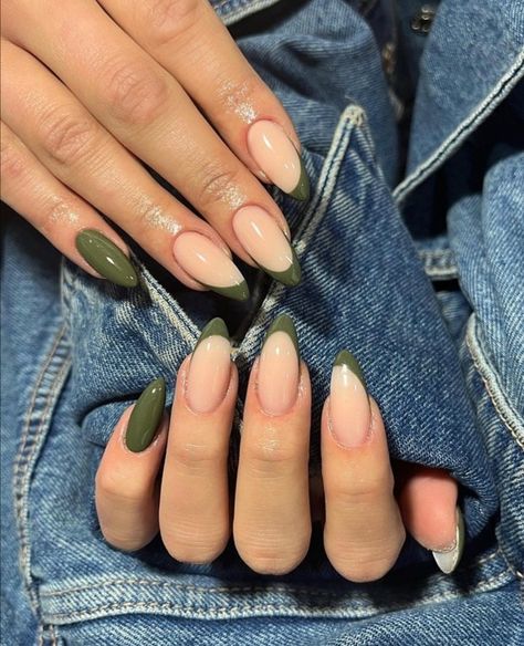 Olive Shaped Nails, Olive French Tip Nails Almond, Simple Green Nails Almond, Almond Shaped Olive Green Nails, Green Nail Designs Almond Shape, Olive Green Nail Art Designs, Simple Nails Olive Green, Olive Almond Acrylic Nails, Short Nails Olive Green