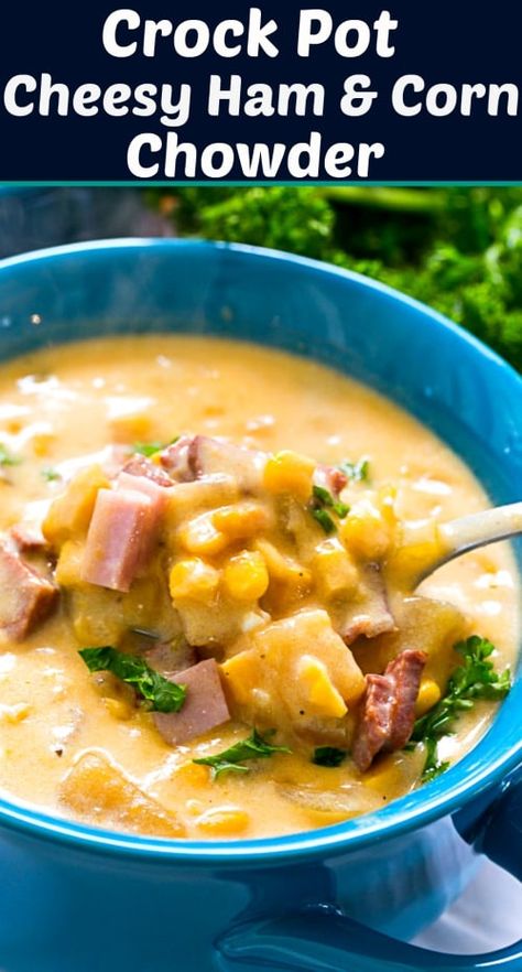 Crock Pot Cheesy Ham & Corn Chowder Corn And Ham Chowder, Ham Corn Chowder, Ham And Corn Chowder, Ham Chowder Recipe, Corn Chowder With Ham, Bacon Vegetables, Ham Chowder, Cheesy Ham, Ham Potato