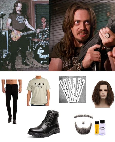 Rex (played by Steve Buscemi) is the bassist for the Lone Rangers in the movie Airheads.  Rex along with his friends and bandmates Chazz and Pip holds a radio station hostage in a bid to have the band's demo tape heard by producers.  Rex has many bad tattoos on his arms and wears black jeans with combat boots and a distressed "Road Kill Café" t-shirt.  If roadkill isn't your thing, you could use any dark distressed t-shirt in your arsenal to evoke a similar effect.  If you choose to wear a fake Jeans With Combat Boots, Road Kill, Steve Buscemi, The Lone Ranger, Distressed T Shirt, Bad Tattoos, Lone Ranger, Radio Station, Wearing Black