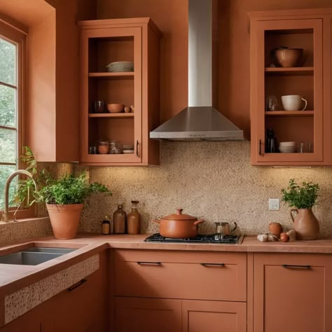 Rust Kitchen Cabinets, Terracotta Kitchen Walls, Warm Kitchen Colors, Farmhouse Kitchen Designs, Cabinet Color Ideas, Kitchen Cabinet Color Ideas, Kitchen Cabinet Color, Design Home Ideas, Warm Kitchen