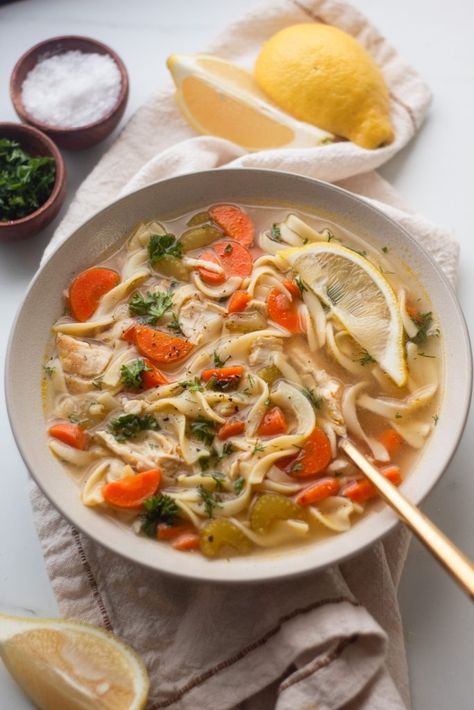 Lemon Ginger Chicken Noodle Soup - Our Balanced Bowl Ginger Chicken Noodle Soup, Lemon Ginger Chicken, Ginger Chicken Soup, Asian Ingredients, Homemade Broth, Green Curry Chicken, Fresh Carrots, Asian Spices, Carrots Celery